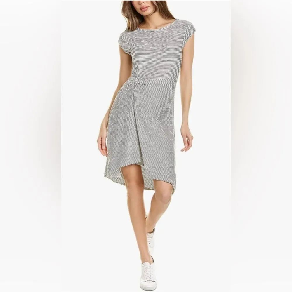 Max Studio Stripe Textured Knit Cap Sleeve Asymmetrical Dress White/Black L NWT